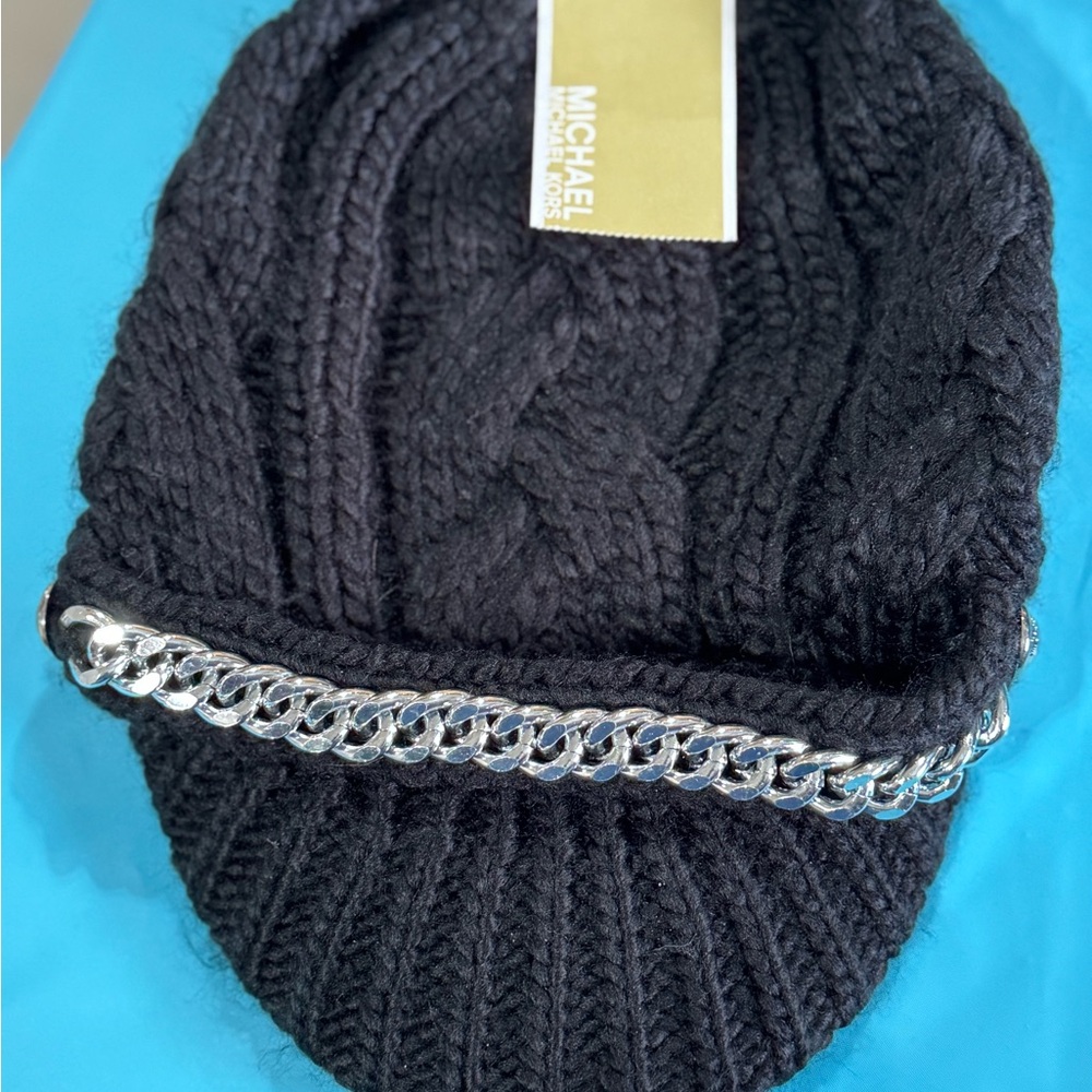Michael Kors Black Beanie with Silver Chain Accent
